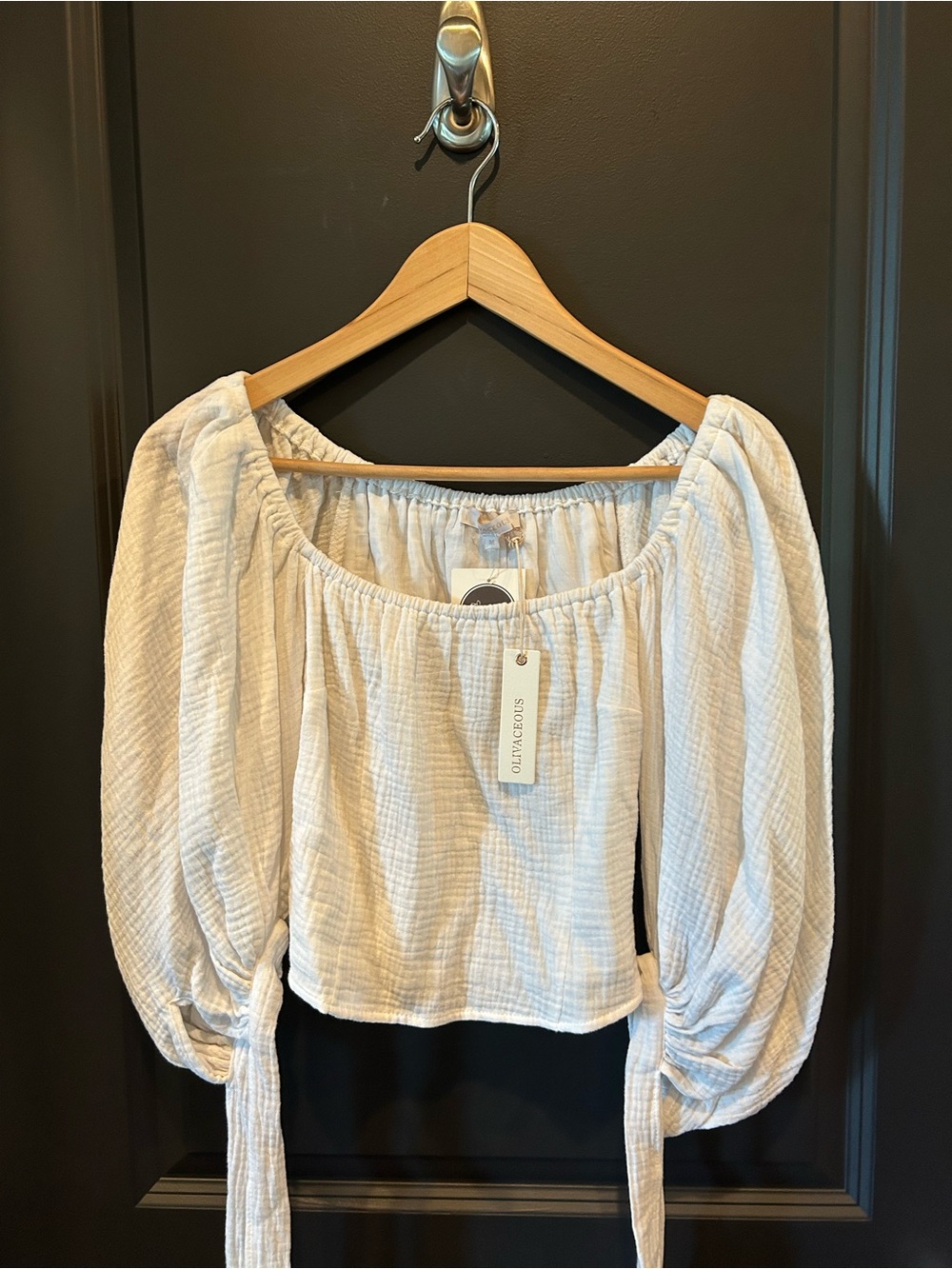 Olivaceous Cream Off-Shoulder Peasant Top with Tie Sleeves